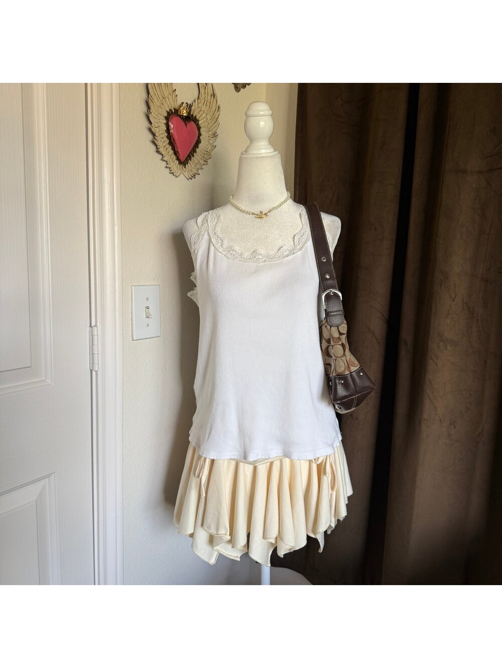 Sigrid Olsen Bella Swan Lace Trim Girly Ribbed Knit Cotton Lace Trim Tank Top XL